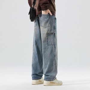 กางเกงยีนส์วินเทจขาตรงสำหรับผู้ชาย, กางเกงยีนส์วินเทจ90s สไตล์สโตนว์3D เอวยางยืดทรงหลวมใส่เล่นฮิปฮอป - Product Image 3