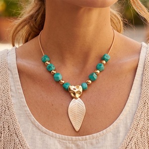 Gold Open Collar Necklace Green Marble Irregular Beads Textured Metal Leaf Pendant Women Boho Vacation Neck Jewelry - Product Image 1