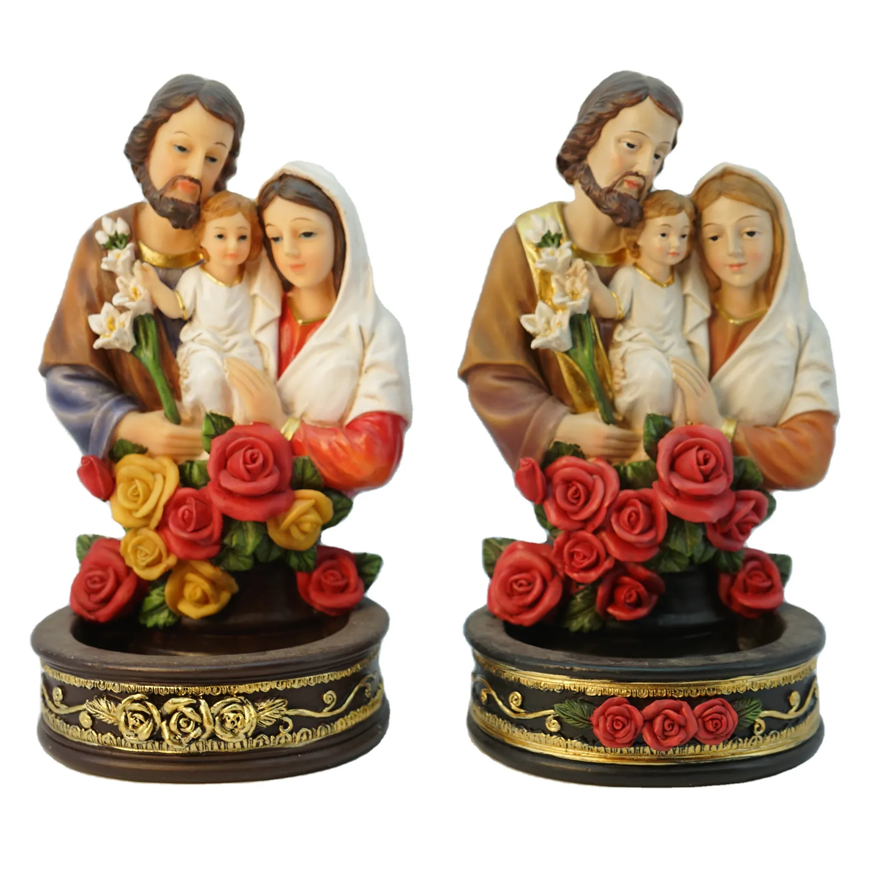 キャンドルポットメアリーとジョセフキリスト降誕の像を持つフラワーレジンカトリック宗教アイテムのトップグレース愛聖家族