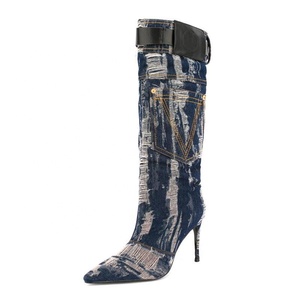 Large Size 47 Denim Women Knee High Boots Thin Heel Embroidered Belt Buckle <b>Long</b> Booties Fashion Women's Shoes - Product Image 1