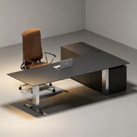 Bureau électrique moderne pour cadres avec tiroirs, bureau de direction en L noir réglable en hauteur avec armoire de rangement