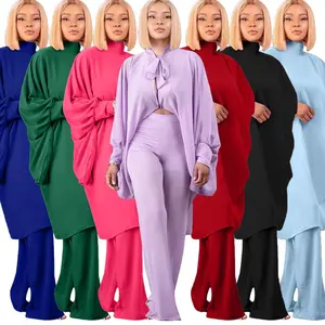 नई शैली बल्ले आस्तीन फीता अप लांग शर्ट लंबी पैंट आकस्मिक ठोस रंग ढीला 2 टुकड़ा सेट स्वभाव महिलाओं आउटफिट