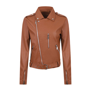 Abrigo de cuero de PU de alta calidad para mujer, estilo motero ajustado, de moda, con efecto lavado - Product Image 4