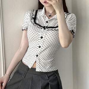 Camisa de Mujer con Cuello de Volantes y Estampado de Lunares, Manga Abullonada, Botones en la Parte Delantera, Estilo Dulce, Casual, Versátil, Manga Larga - Product Image 6