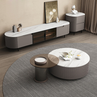 Ensemble de 2 tables basses rondes en verre avec plateau en marbre et tiroirs de rangement, meuble TV et table centrale pour salon – Vente chaude