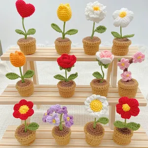 Groothandel Diy Handgemaakte Mini Bloempot Roos Bloemen Gehaakte Tulpen Gebreide Bloemen