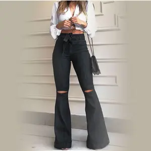 Fashion Slim Wide Leg Denim Pants Washed Perforated Denim Flare Pants Women High Waist Bell Bottoms black Jeans For Ladies