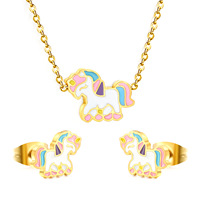 Ensemble de bijoux papillon et poney en acier inoxydable pour filles, cadeau, collier et boucles d'oreilles tendance, style enfant