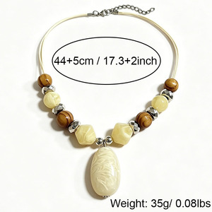 Boho Leather Cord Necklace Wooden Bead Mixed Colors Agate Pendant Women Casual Vintage Neck Ornament - Product Image 2