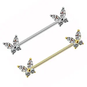 2024 Hot Selling Butterfly Piercing Cubic Zircon Butterfly Nipple Rings Stainless Steel Jewelry Manufacturer