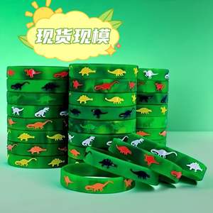 Pulsera de silicona con diseño de dinosaurio, paquete de 6, color verde con patrones coloridos de dinosaurios para decoración infantil, pulseras no tóxicas - Product Image 4