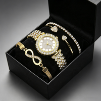 Ensemble de bijoux de luxe 4 pièces pour femme : montre à double lunette en cristal, cadran à chiffres romains, bracelet jonc cœur infini et bracelet tennis