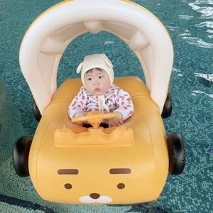 Inflatable Children's <b>Cartoon</b> Car Swimming <b>Ring</b> For Kids Age 1-6 With Steering Wheel And Canopy Floatation Device - Product Image 1