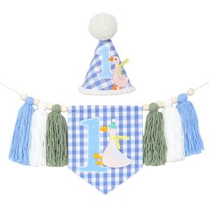 Bannière à pompons en fil de laine style carreaux bleus pour 1er <span class=keywords><strong>anniversaire</strong></span> 2026 – Fournitures de décoration pour fête du 1er <span class=keywords><strong>anniversaire</strong></span> - Product Image 1