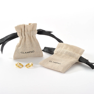 Custom Logo Eco-Friendly <b>Small</b> Linen Jewelry Pouch Natural Burlap Drawstring Gift <b>Bag</b> with Ribbon Bow for Jewelry Packaging - Product Image 1