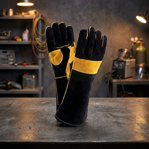 Leather Heat Resistant Safety <b>Gloves</b> 14 Inch Straight Cuff Anti-Heat Abrasion Resistance Black with Yellow Trim - Product Image 3