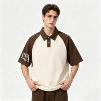AMCLEVER Polo unisexe à manches courtes 240 g/m² 100 % coton, style preppy color block raglan, col ample, streetwear décontracté