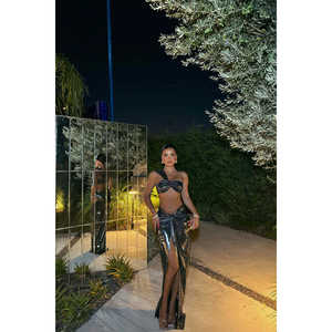 Ensemble deux pièces à col asymétrique, jupe brillante grise, taille 2XL 4XL, pour les sorties en boîte de nuit, hauts courts pour l'été et l'hiver - Product Image 5