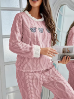 Pyjama d'hiver thermique en flanelle pour femme, 100 % polyester, 220 g, uni, ODM, avec cordon de serrage, col lisse, tricot doux, taille mi-haute, long