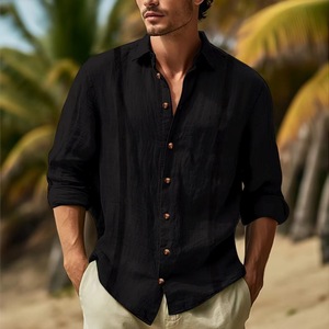 2024 printemps et automne nouvelle couleur unie coton et lin mélange <span class=keywords><strong>Collage</strong></span> revers à manches longues décontracté hommes chemise - Product Image 2