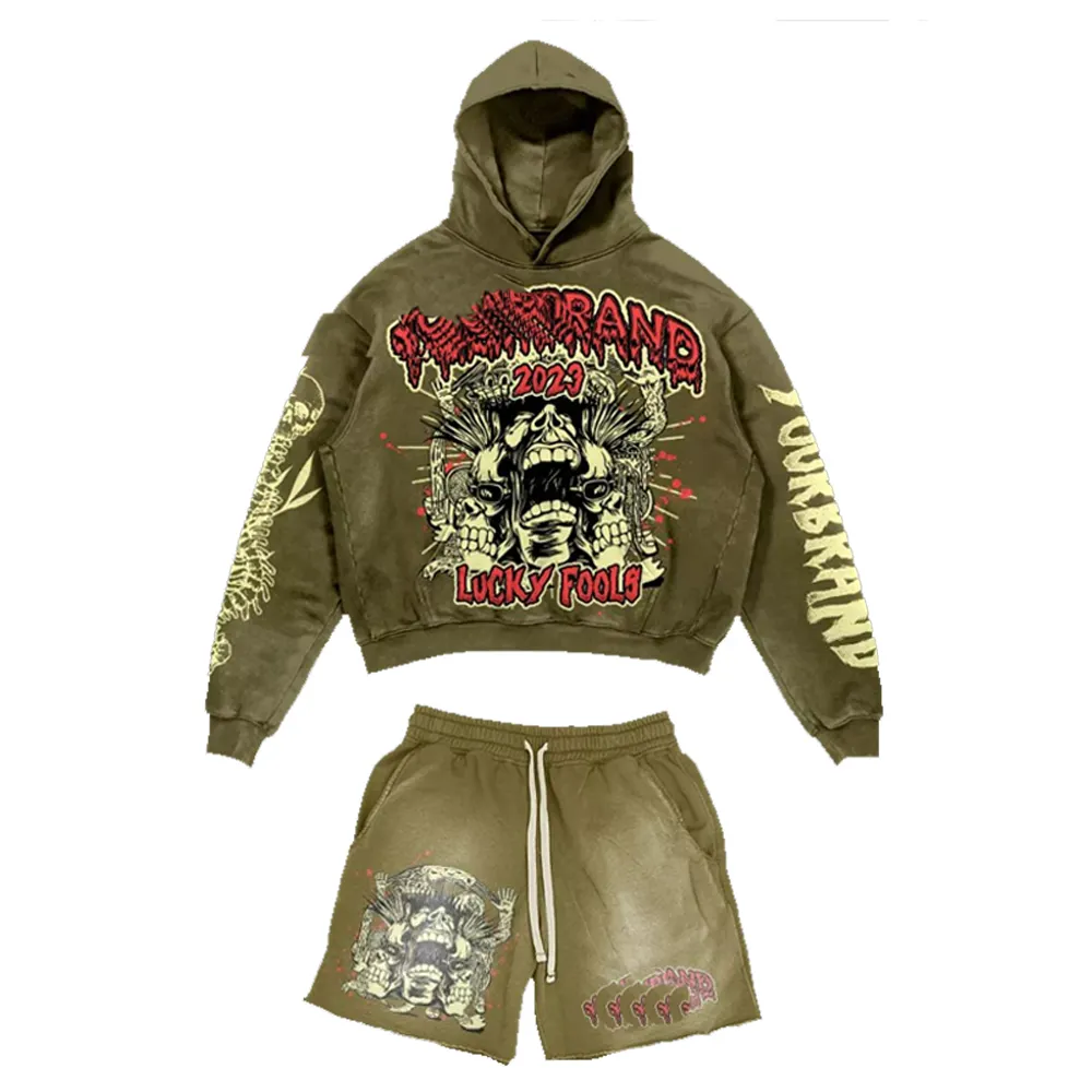 Hoodie dan celana pendek logo kustom kualitas tinggi set pulover cuci asam DTG hoodie motif hip hop katun pakaian olahraga pudar matahari