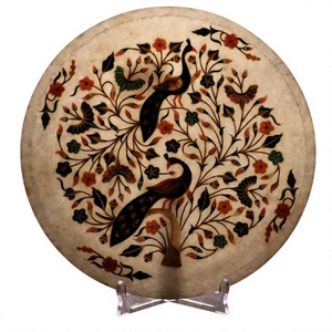 Plaque murale ronde de style animalier, motif floral paon incrusté d'onyx, faite à la main - Product Image 2