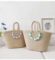 Sac Fourre-Tout Grande Capacité pour Femme, Nouveau Style Transfrontalier, Fait Main en Corde de Coton Tressée, Paille, Balle de Fourrure, Fermeture Bonbon, Idéal Voyage et Plage