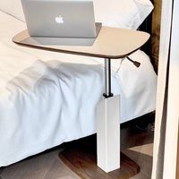 Mesita de noche de altura ajustable con tapa ovalada y tallo de metal Base de cuero blanco para dormitorio Sala de estar Hotel Moderno minimalista