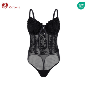 Ensemble de combinaison en dentelle noire brodée, vente chaude, doux et confortable, col en V, bretelles, <span class=keywords><strong>transparent</strong></span>, lingerie sexy pour femmes - Product Image 2