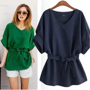 Mùa Hè Phụ Nữ Áo Cánh Linen Áo Sơ Mi V Cổ Lớn Bow Cánh Dơi Ngắn Tay Áo Tie Phụ Nữ Lỏng Lẻo Áo Nữ <span class=keywords><strong>Tops</strong></span> T-Shirt - Product Image 1