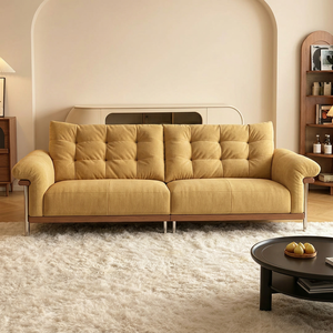 Premium Mustard Yellow Tufted Fabric 3-Seater <b>Sofa</b> With Walnut & Metal Frame For Living Room - Product Image 1