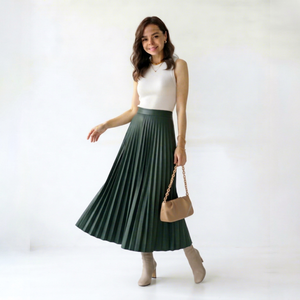 High Waist Pleated Midi <b>Skirt</b> Women Solid Color A-line Pleated Lady <b>Skirt</b> for <b>Office</b> and Daily Wear - Product Image 1