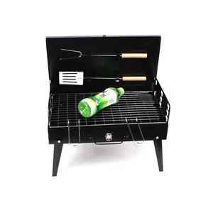 Panggangan arang kotak lipat portabel hitam, peralatan dapur piknik luar ruangan tinggi dapat disesuaikan