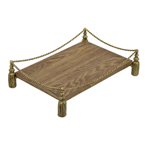 Artisanal Wooden Display Tray With Decorative Brass <b>Posts</b> And Rope Railing Tabletop Centerpiece Tray For Home Styling - Product Image 1
