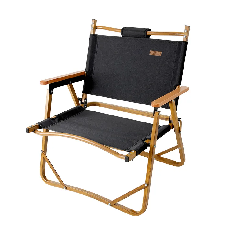 KingGear Custom Glamping Chair Outdoor Portable Wood Grain Aluminum Folding Camping Picnic Chair with Beech Armrest