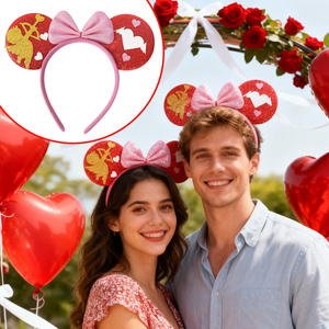 Serre-tête de luxe en forme de cœur rose scintillant pour la Saint-Valentin, décoration de mariage, nœud rond, accessoire pour les oreilles, vente en gros - Product Image 3