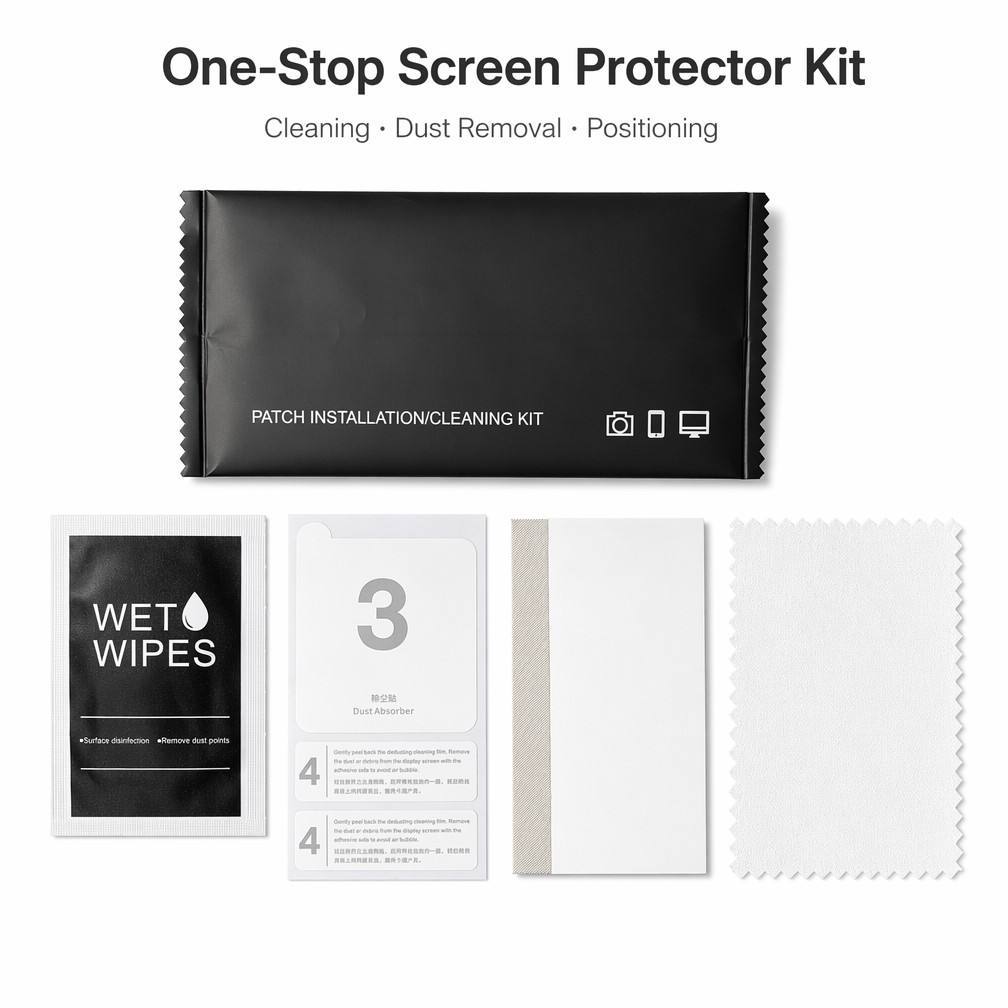 One Stop <strong>Screen</strong> <strong>Protector</strong> <strong>Kit</strong> with Wet Wipe Dust Absorber <strong>Guide</strong> Sticker Microfiber Cloth OEM Custom Sealed Pouch Packaging