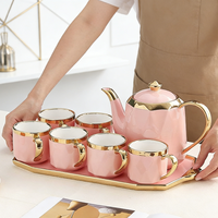 Ensemble de tasses à café en céramique avec bordure dorée de luxe, glaçure colorée, soucoupe en porcelaine, tasse à thé en céramique, cafetière en céramique avec plateau