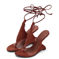Sandales à Talon Original Personnalisées pour Femme, à Lanières Croisées à Lacets, Bout Clip, Talon Compensé Haut, Chaussures Habillées en Daim