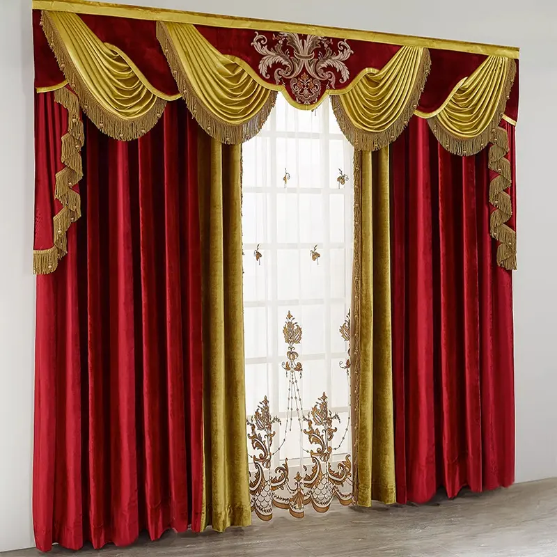 Tissu de velours de luxe rouge Beige occultant prêt à l'emploi rideaux de fenêtre panneaux pour salon chambre chambre rideaux d'église