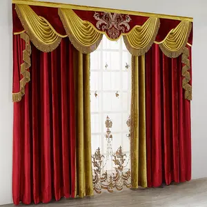 Luxury Velvet Fabric Red Beige Blackout Ready Made Window Curtains Panels For Living Room Bedroom Room Church Curtains