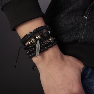 Conjunto de pulseras personalizadas de cuero <span class=keywords><strong>para</strong></span> hombre, Set de brazaletes hechos a mano, con parte trasera personalizada - Product Image 2