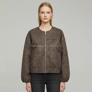 Chaqueta de gamuza personalizada para <span class=keywords><strong>mujer</strong></span> con cuello redondo, cremallera completa y cordón bordado. - Product Image 1