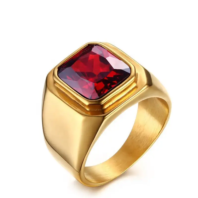 Groothandel Titanium Staal Goud Kubieke Zirkoon Een Steen Vierkante Ruby Red Gemstone Ring Voor Mannen