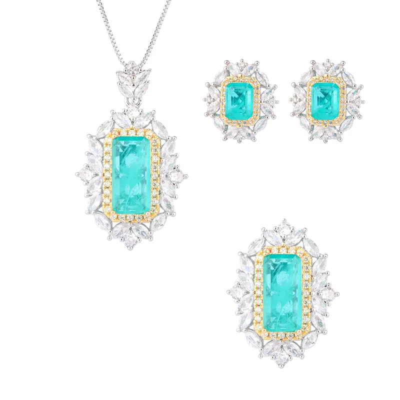 EYIKA Latest design zircon jewelry set fashion rectangle custom emerald green gemstone jewelry set for women