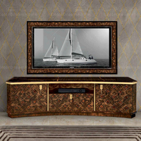 Meuble TV classique noir et or fait main, console multimédia haut de gamme en bois massif laqué pour villa