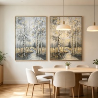 Peinture à l'huile sur toile représentant un paysage de forêt de bouleaux texturés, avec feuille d'or et d'argent, pour la décoration de la maison et des hôtels