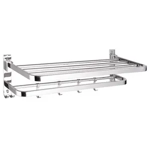 Mensole Moderne per Bagno in Acciaio Inox 304, <span class=keywords><strong>Portasciugamani</strong></span> Pieghevole a <span class=keywords><strong>Doppio</strong></span> Strato con 5 Ganci Mobili - Product Image 1