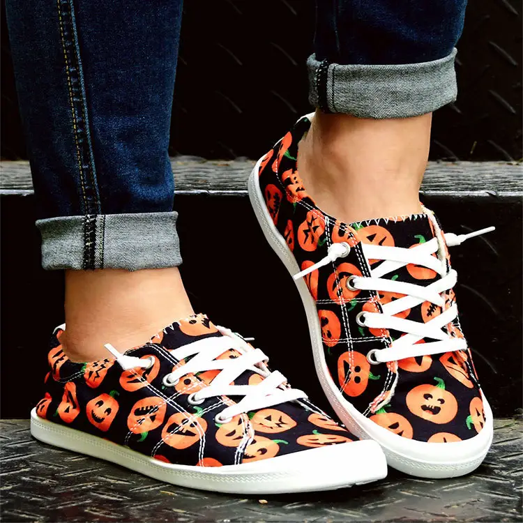 High Quality Factory 59 Colors Women Halloween Pumpkin Skull Flat Canvas Sneakers Casual Shoes