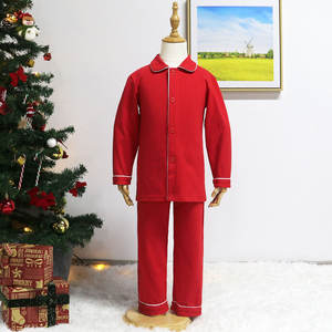 Piyama Anak Katun Merah Lengan Panjang Kancing Depan Model Keluarga Seragam Ruffle Set Piyama Anak Perempuan - Product Image 3